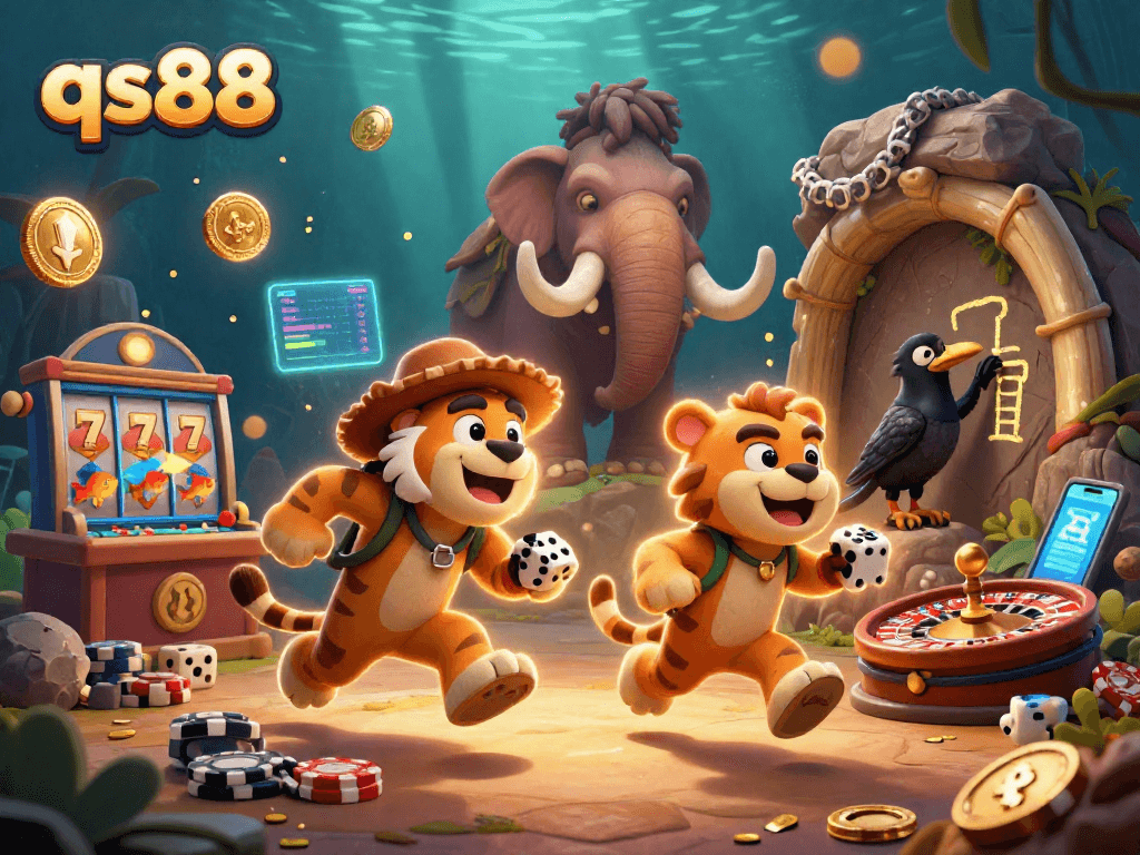 Engage in thrilling gambling activities at qs88 with a vibrant casino scene featuring unique cartoon characters and exciting game elements.