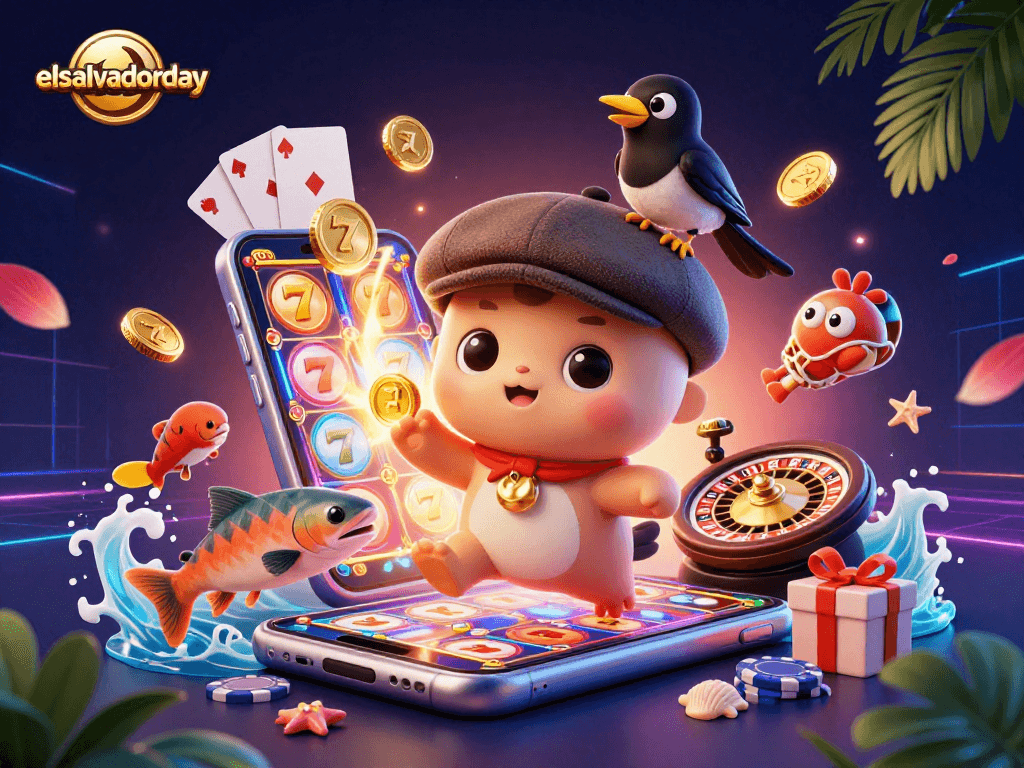 Spin the reels and win with elsalvadorday in a vibrant casino scene featuring playful characters.