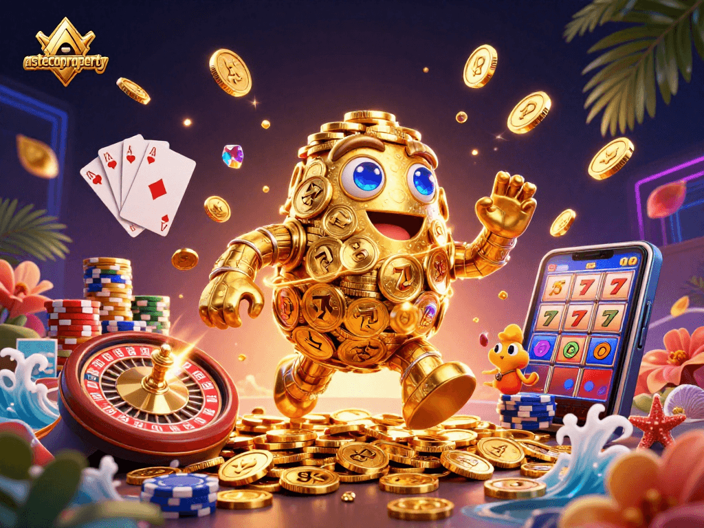 Experience thrilling casino gaming with astecoproperty’s golden golem surrounded by vibrant slots and coins.