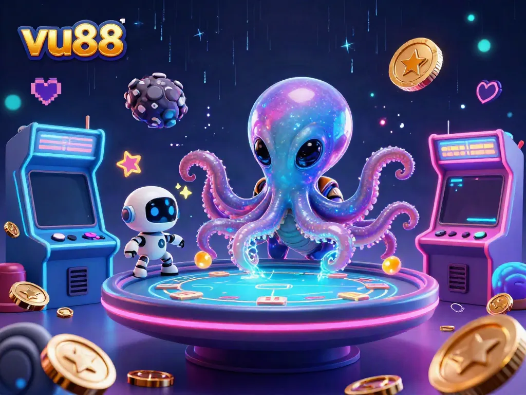 Experience the thrilling games at vu88 with a vibrant 3D illustration of an alien octopus playing poker.
