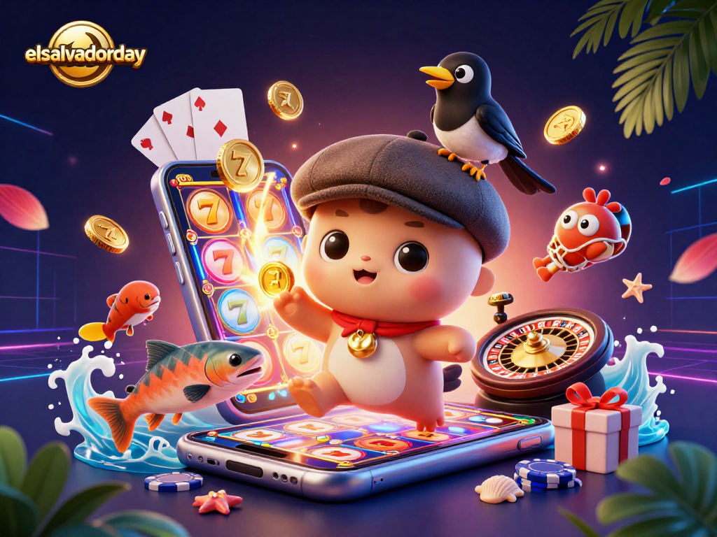 Spin the reels and win with elsalvadorday in a vibrant casino scene featuring playful characters.