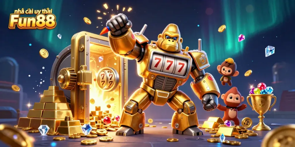 Experience excitement with Nhà cái uy tín Fun88 through captivating casino visuals, showcasing vibrant slot elements and treasures.