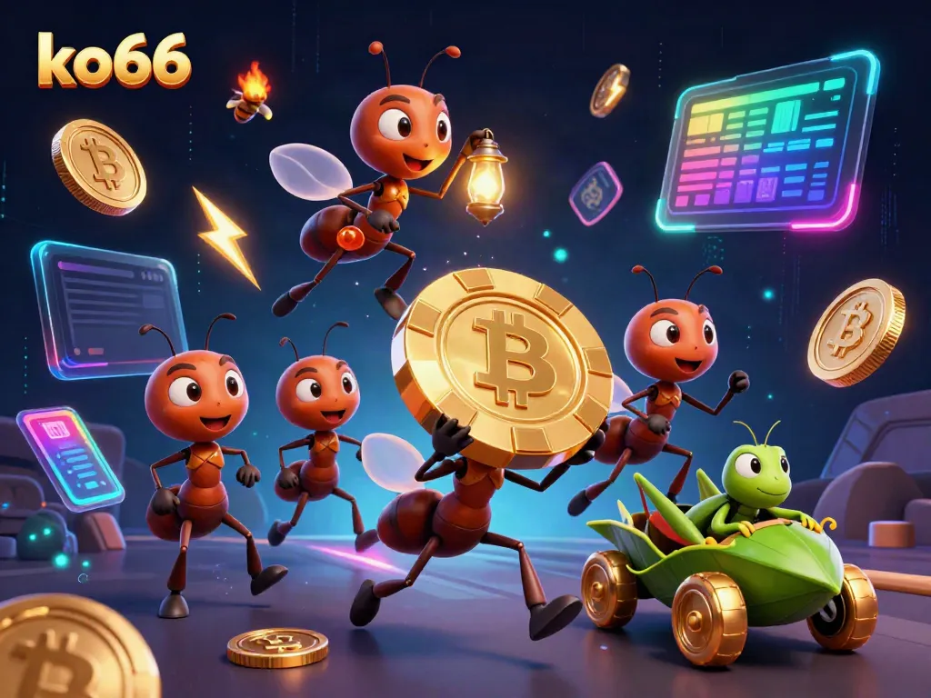 Create winning strategies at ko66 while 3D cartoon ants carry a giant poker chip in a vibrant casino heist scene.