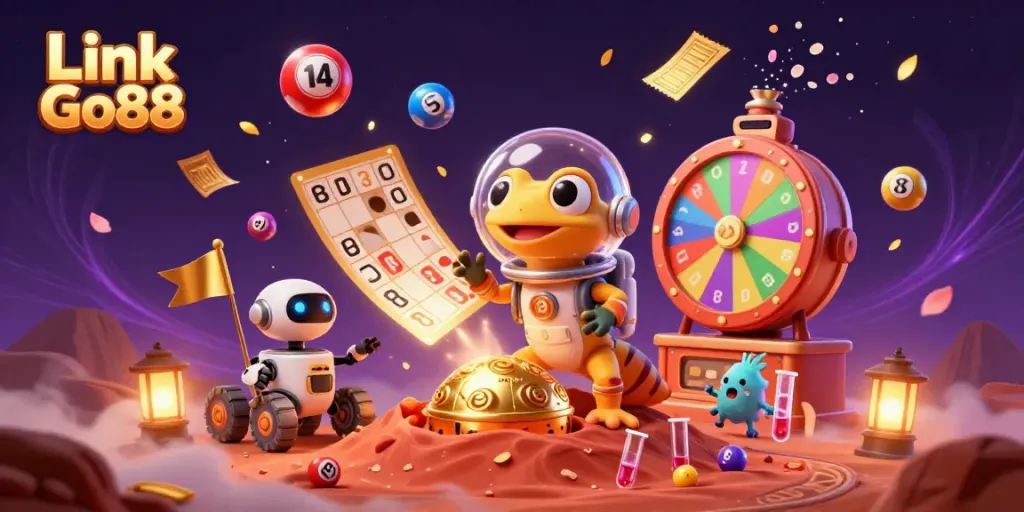 Exciting scene featuring Link Go88 as a Martian gecko discovers a golden casino on Mars with colorful gaming elements surrounding.