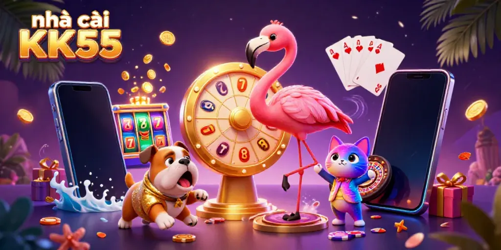 The vibrant illustration of nhà cái KK55 features a flamingo host and bulldog contestant celebrating prizes in a lively casino scene.
