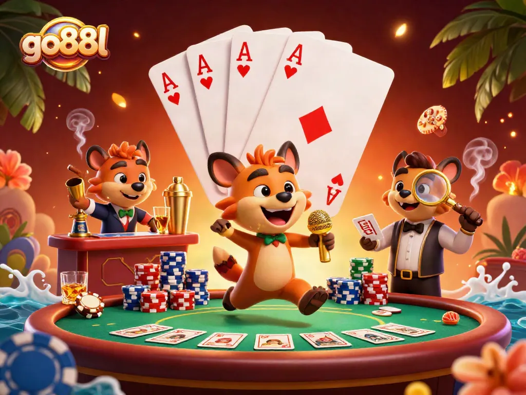 Embrace fun at go88l's comedy casino club with vibrant hyena characters and poker action.