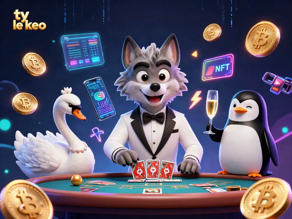 Engagingly showcase ty le keo odds with a 3D wolf, swan, and penguin at a baccarat table.