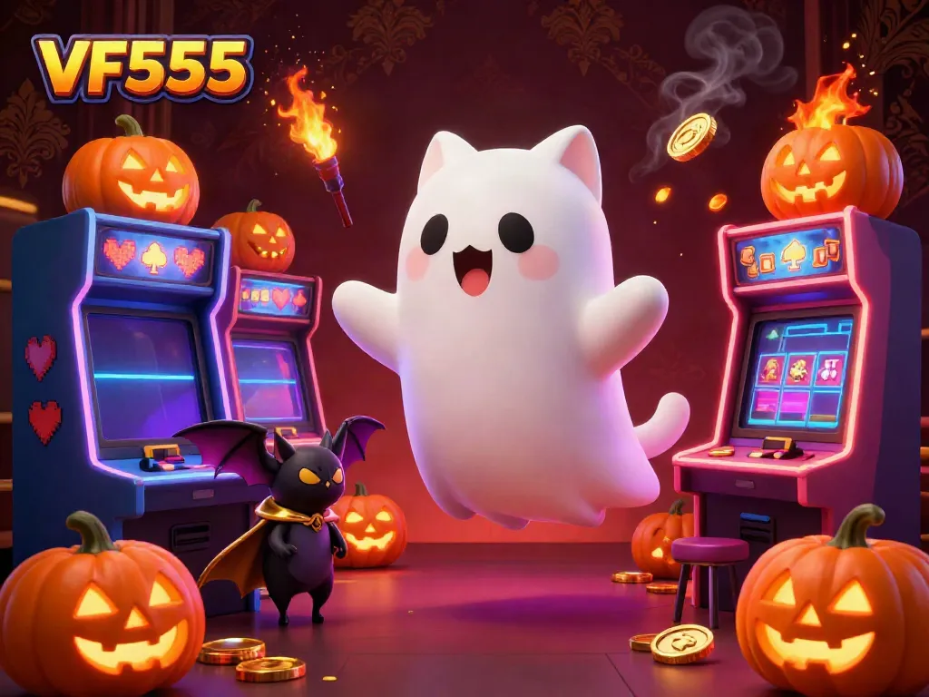 VF555 casino featuring a friendly ghost cat and a vampire bat, immersed in rich casino elements.