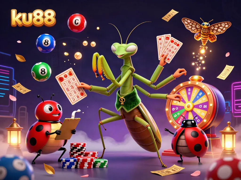Win big with ku88's vibrant casino scene featuring a giant praying mantis and dynamic game elements.