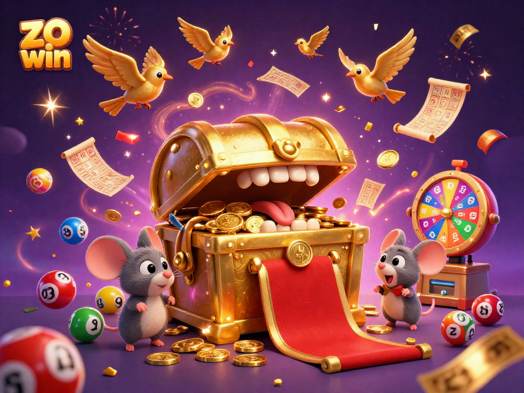Engage with the exciting zo win adventure, featuring a treasure chest and vibrant lottery elements.
