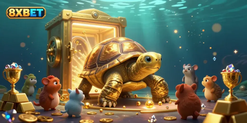 Experience thrilling gaming action with 8XBET in a vibrant, treasure-filled underwater world.