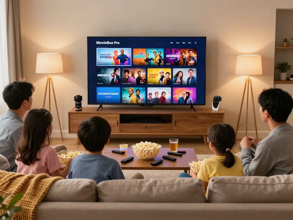 Family enjoying movies using the MovieBox Pro official website in a cozy living room.