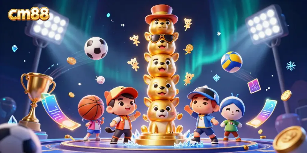 Experience the excitement of cm88 with vibrant casino-themed 3D illustration featuring dynamic sports elements.