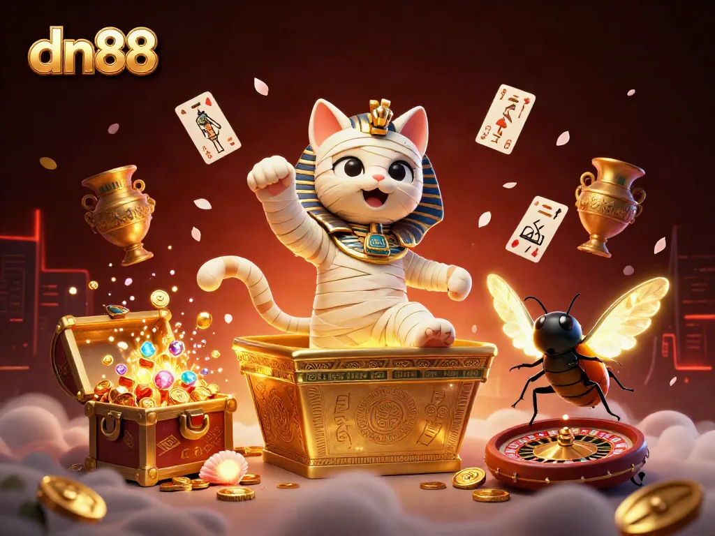 Experience exhilarating gaming action with dn88, featuring a vibrant scene of an Egyptian mummy cat and a golden sarcophagus.