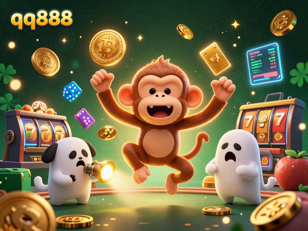 Play and win at qq888, where a mischievous poltergeist monkey juggles coins and cards in a haunted casino.