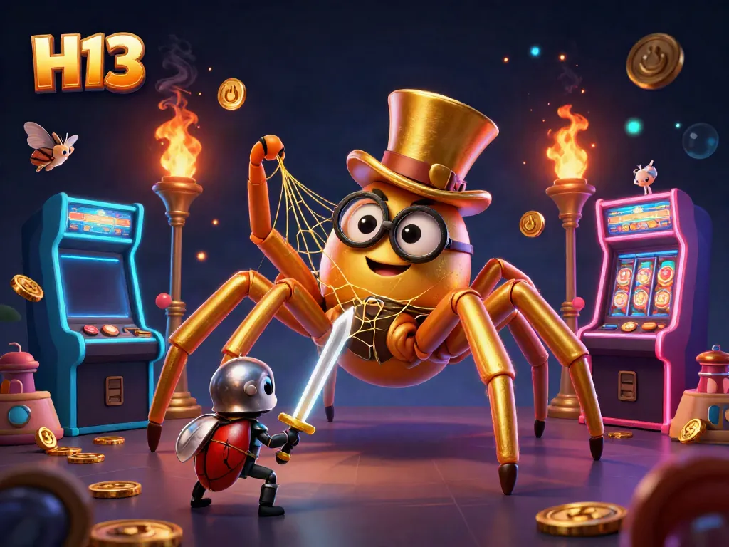 Engage with H13's colorful casino world featuring a golden tarantula weaving a web among bright game elements.