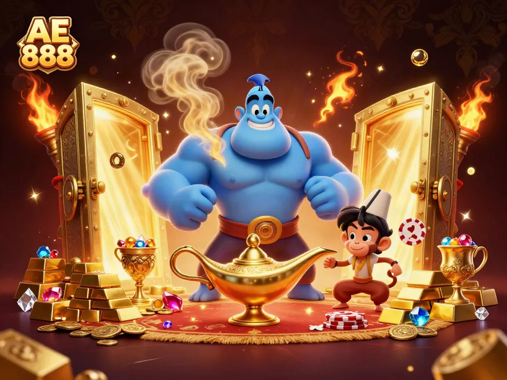 Experience AE 888 with a vibrant 3D illustration showcasing a genie, poker chips, and treasures.