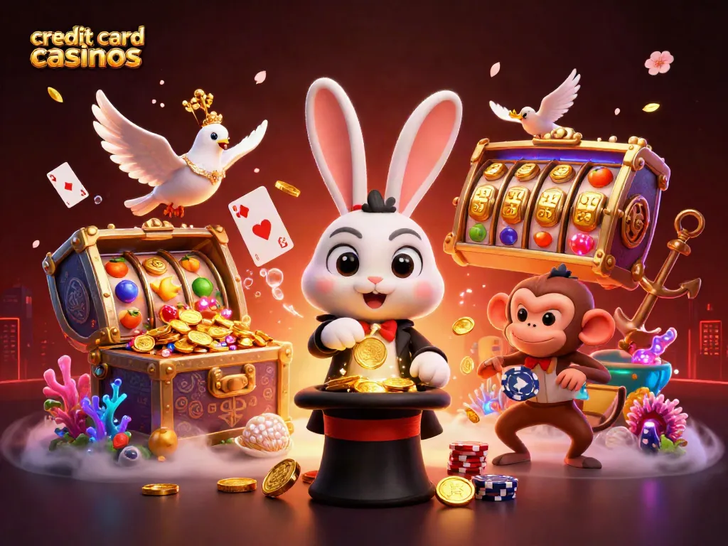 Experience the excitement of credit card casinos with a whimsical 3D scene featuring a magician rabbit, dove, and monkey.