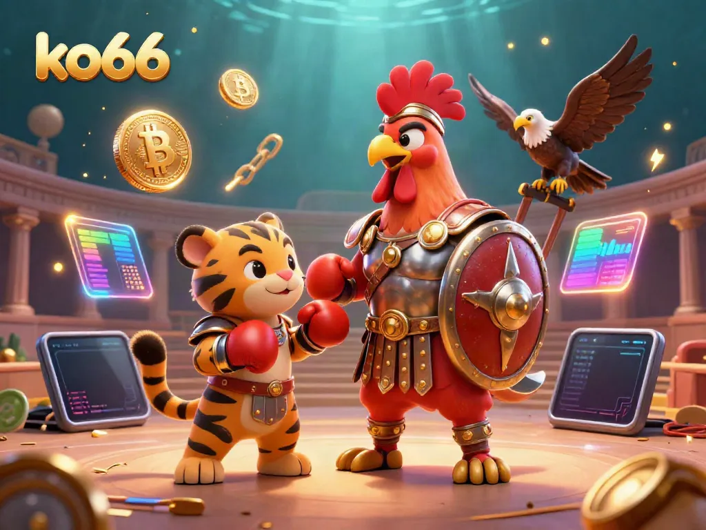 Engaging illustration showcasing ko66 with a gladiator rooster and crypto elements in a vibrant casino scene.