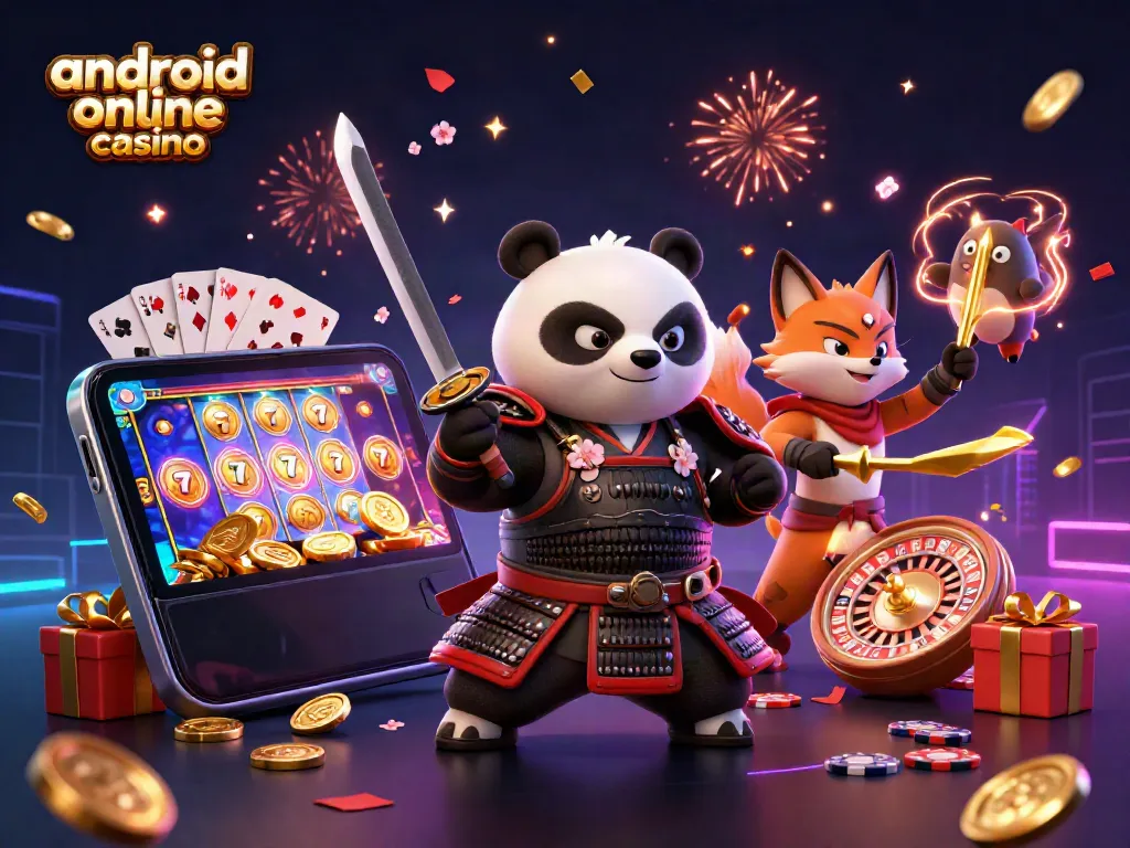 Engage with the excitement of the android online casino, featuring a dynamic samurai panda and ninja fox in a vibrant illustration.