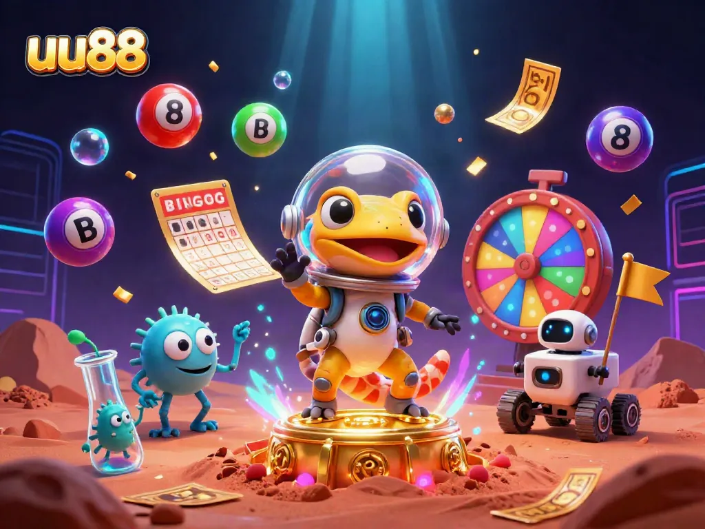 Experience the thrill of winning at uu88 with a golden casino on Mars, animated lottery balls, and vibrant prizes.