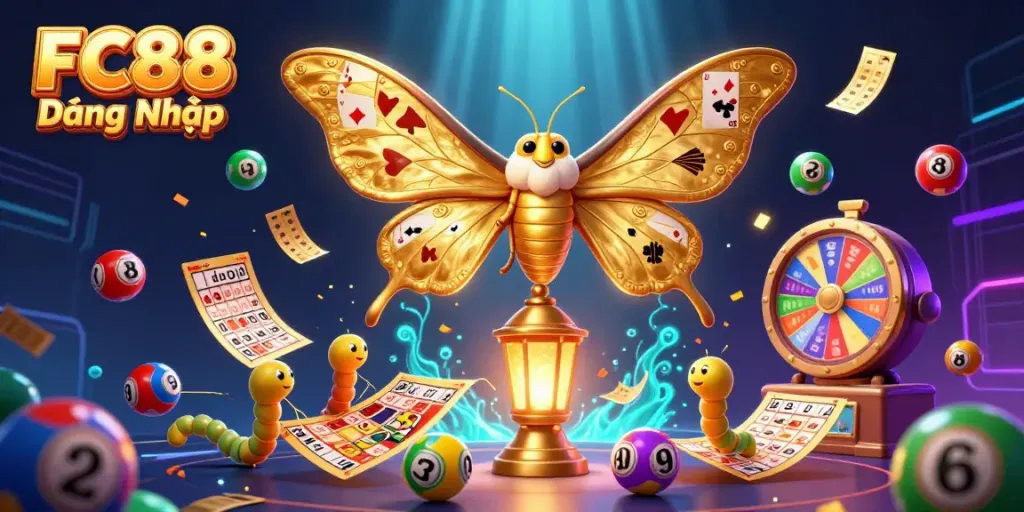 Experience FC88 Đăng Nhập with vibrant casino-themed elements and a dazzling moth illustration.