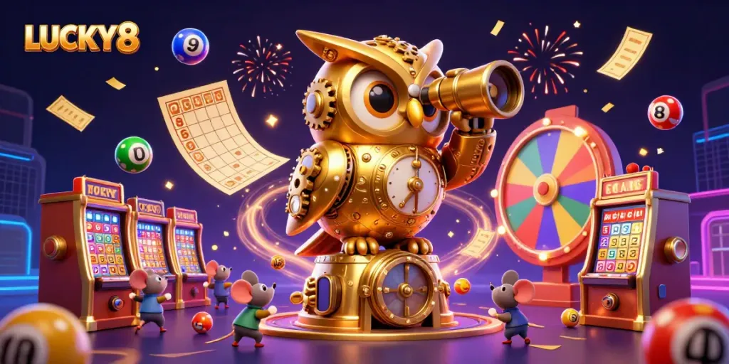 LUCKY8 offers an immersive casino experience with vibrant lottery balls bouncing and a dynamic owl overseeing the action.