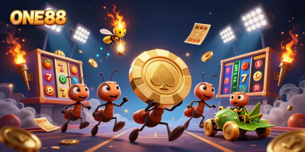 ONE88 animated scene with ants carrying a golden poker chip amidst casino elements and vibrant colors