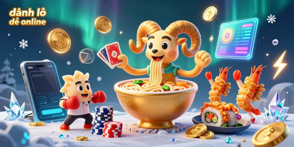 Experience the thrill of đánh lô đề online with a vibrant 3D illustration showcasing a golden ramen dealer and crypto elements.