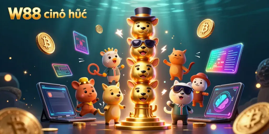 Experience the vibrant world of W88 chính thức, featuring a mystical totem and glowing NFT elements, perfect for online gambling.