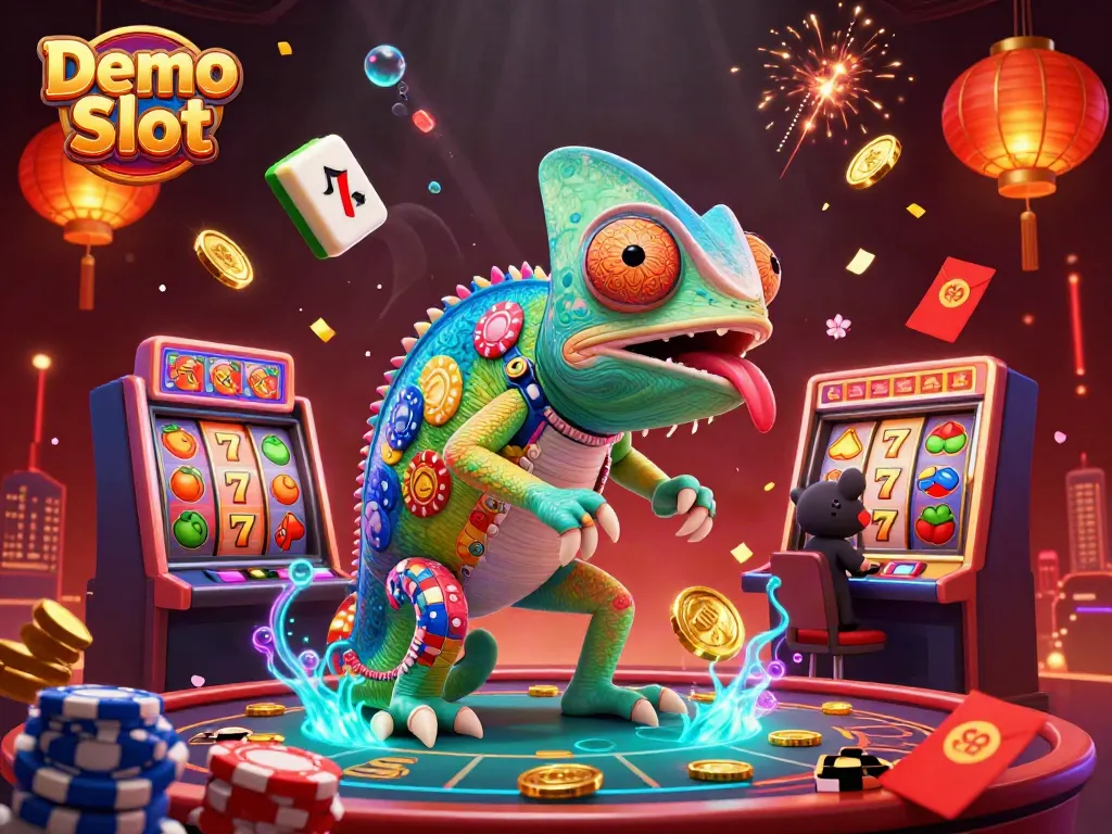 Spin the reels and enjoy demo slot gaming with a vibrant chameleon casino owner in this rich, detailed illustration.