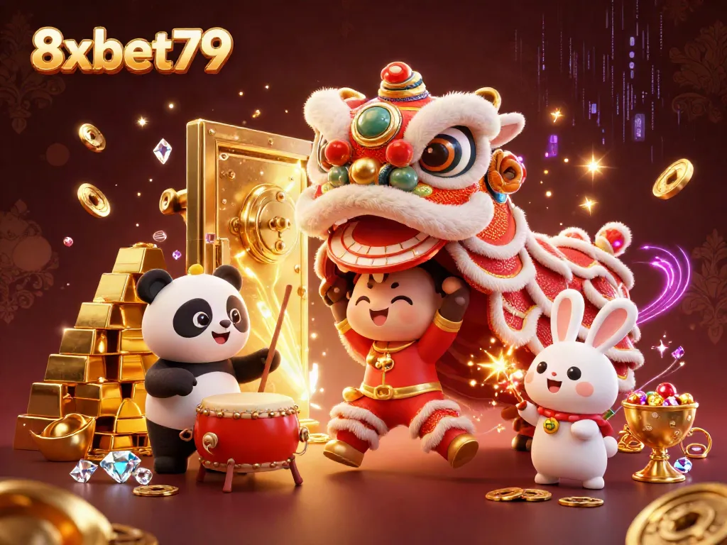 Enjoy the excitement of 8xbet79 with festive characters immersed in a dynamic casino atmosphere.