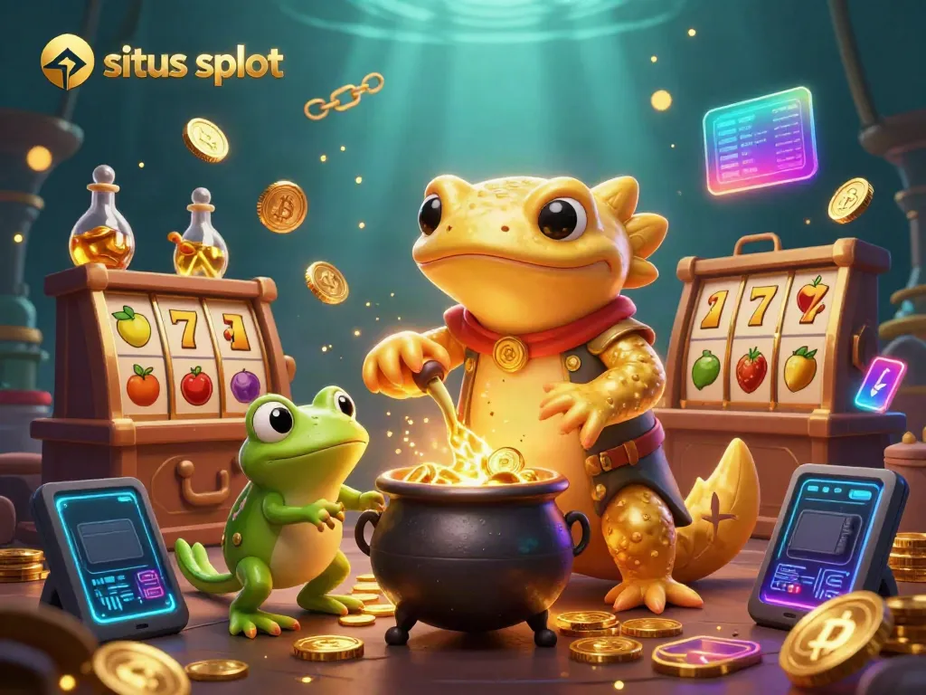 Experience excitement with situs slot as a golden salamander alchemist transforms base metals to gold coins in a busy lab.