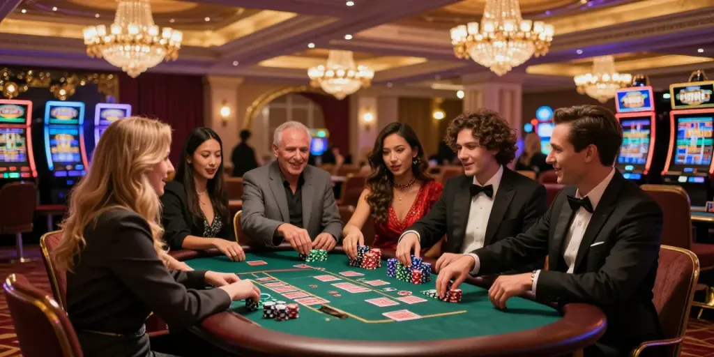 Engaged players enjoying their time at credit card casinos inside a luxurious casino setting.
