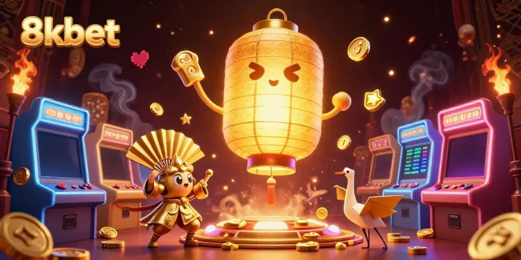 Experience the vibrant 8xbet casino atmosphere through a colorful 3D illustration of gaming spirits.