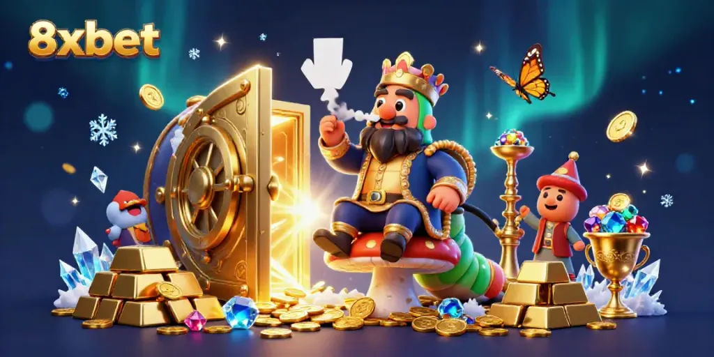 Experience the excitement of 8xbet with this vibrant casino illustration, showcasing various gaming elements.