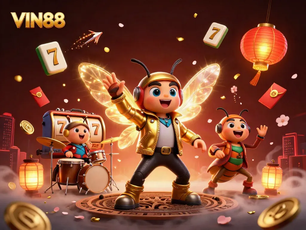 Experience the excitement of VIN88 with vibrant casino-themed characters amidst dynamic game elements.