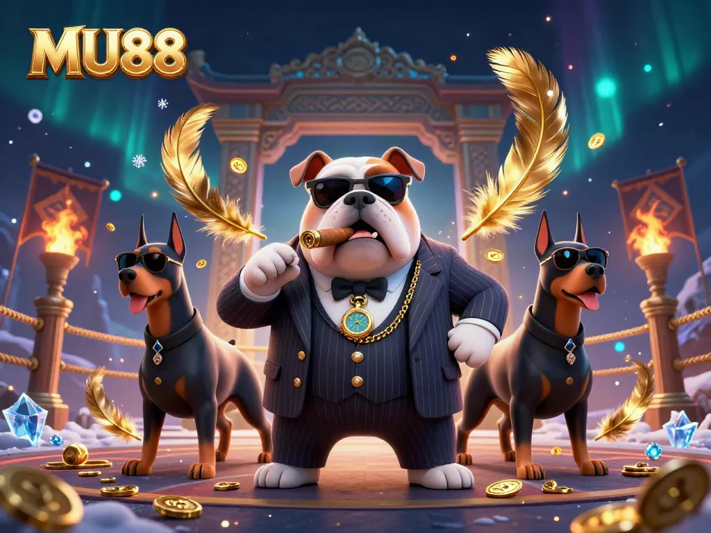 Win big at MU88 with a vibrant 3D illustration of a mafia bulldog and Doberman security in a dynamic casino scene.