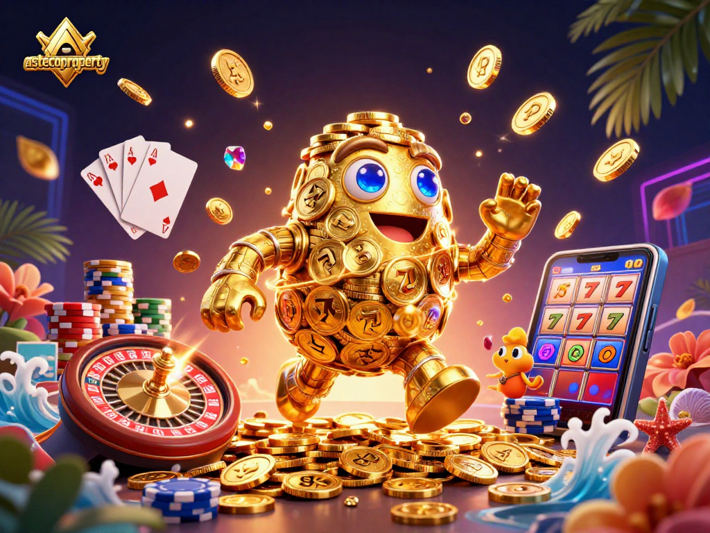 Experience thrilling casino gaming with astecoproperty’s golden golem surrounded by vibrant slots and coins.
