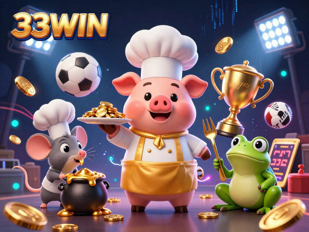 33WIN boosts excitement with a chef pig serving gold coins in a dynamic casino scene.