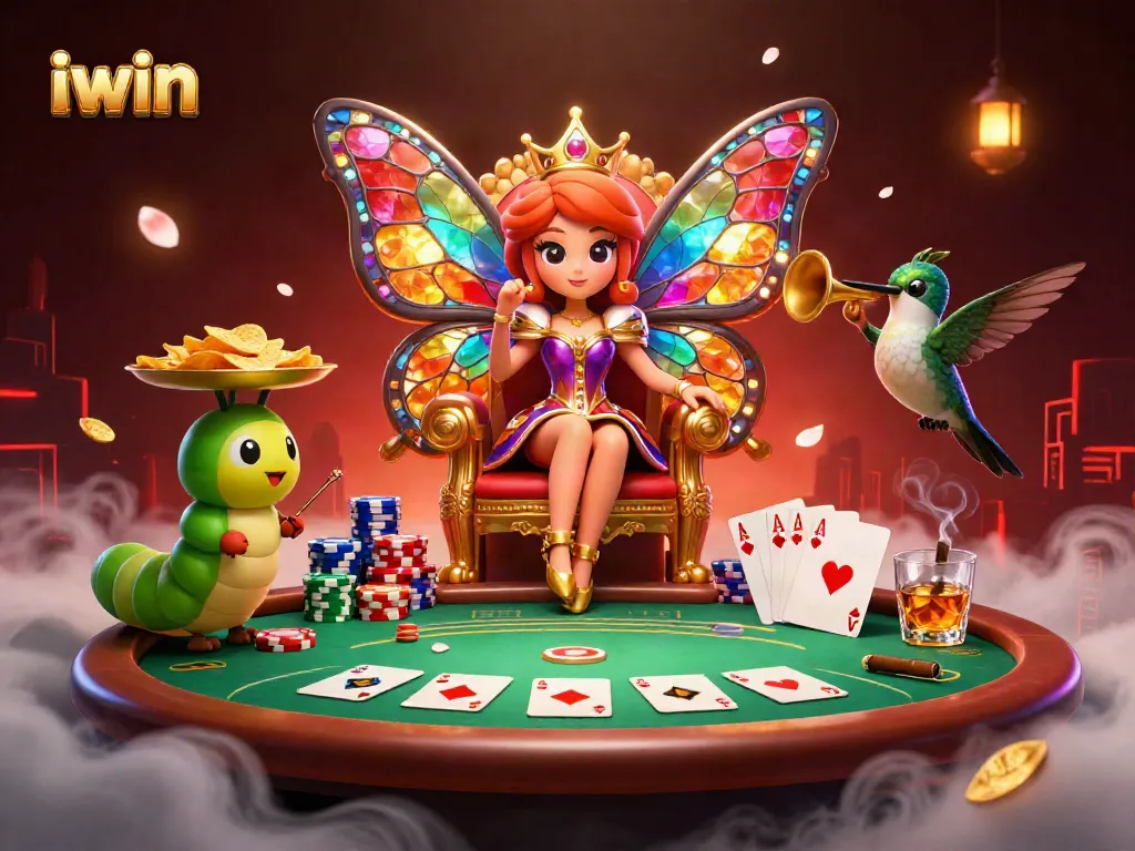 Experience iwin's vibrant casino scene with a butterfly queen amidst dynamic poker elements.