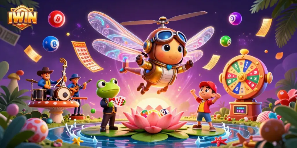 IWIN showcases a vibrant 3D scene with a dragonfly pilot and frog dealer, creating an engaging gaming atmosphere.
