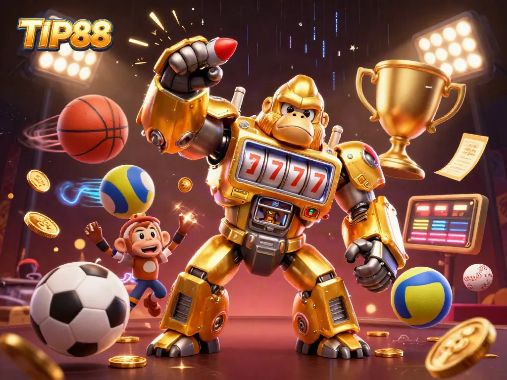 Experience thrilling gameplay at TIP88 with golden gorilla mech and dynamic sports elements.