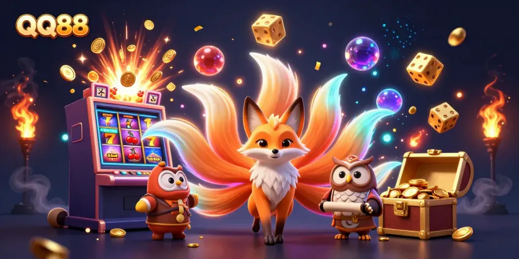 Engage in thrilling gameplay at QQ88 with a vibrant 3D illustration featuring a nine-tailed fox spirit and lucky symbols.