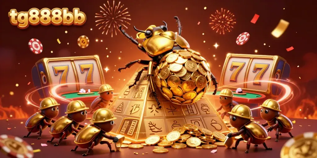 Engage with tg888bb's dynamic casino scene showcasing a golden beetle rolling coins and vibrant symbols.