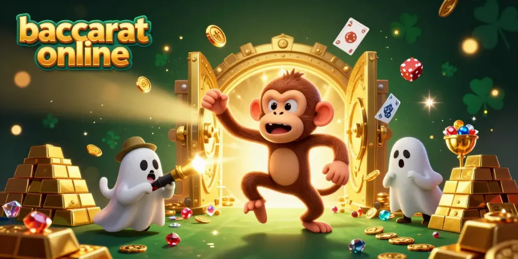 Experience baccarat online with a playful poltergeist monkey and ghost-hunter puppy in a vibrant casino setting.