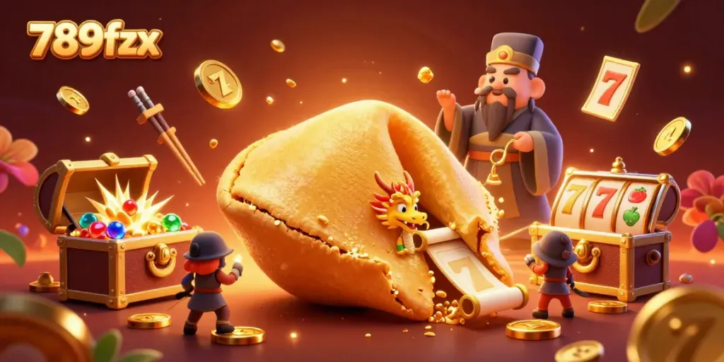 Spin winning at 789fzx's vibrant casino world with golden fortune cookie and charms.
