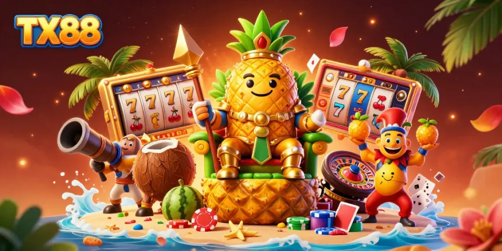 Experience an exciting TX88 party with a royal golden pineapple king and vibrant casino elements.