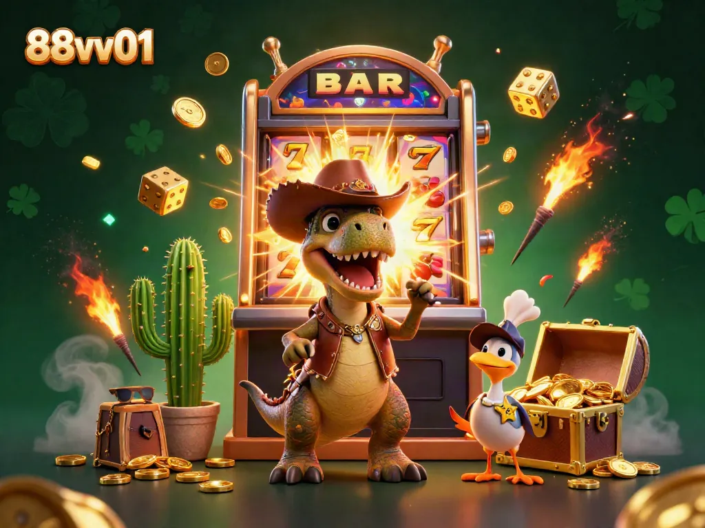Engage with 88vv01's thrilling jackpot scene featuring a colorful T-Rex, cactus, and roadrunner amidst a vibrant casino atmosphere.