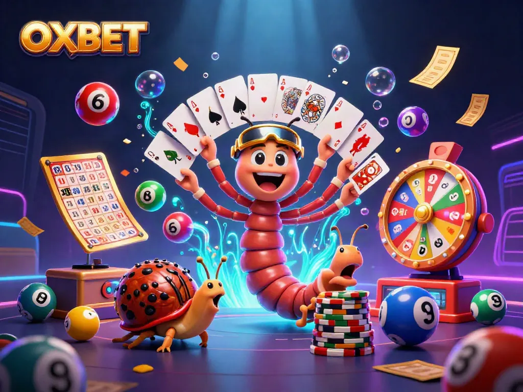 Experience thrilling games with OXBET's dynamic lottery scene featuring a millipede dealer and vibrant elements.